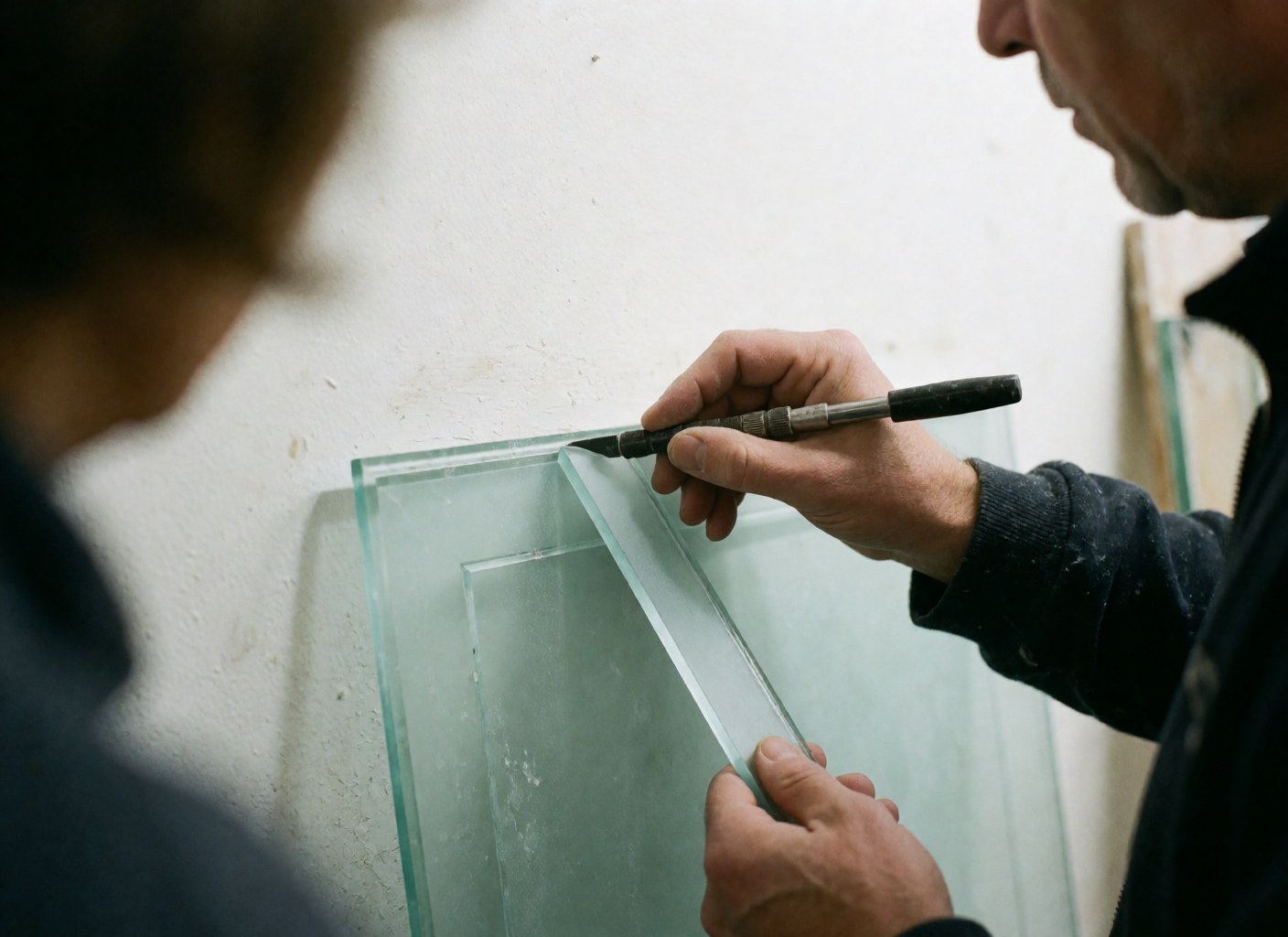 A craftsman uses a cutting tool to slice a clear glass sheet in a workshop with white walls.