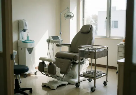 Clean podiatry room featuring an adjustable treatment chair, a rolling tool cart, and a disinfection station for professional foot care clinics.