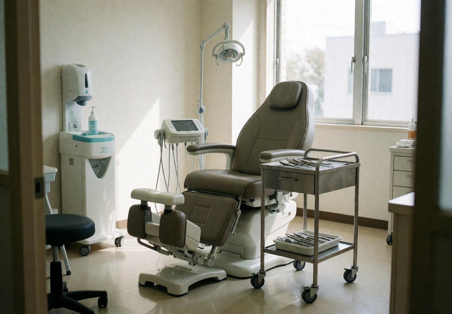 Clean podiatry room featuring an adjustable treatment chair, a rolling tool cart, and a disinfection station for professional foot care clinics.
