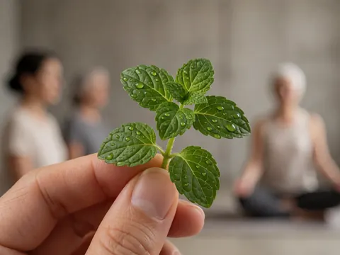 Close-up of a fresh mint leaf covered in water droplets, suitable for reiki healing and wellness services.