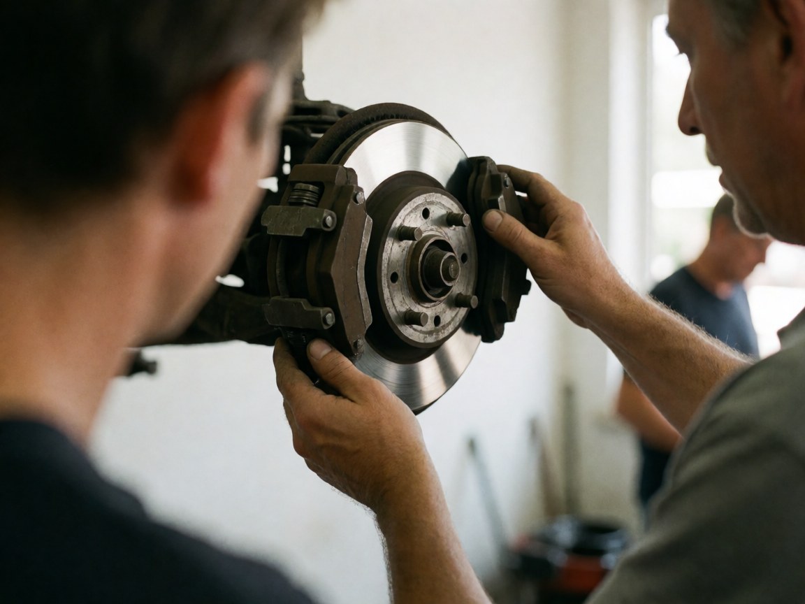 A mechanic adjusts brake pads on a shiny metal disc in a bright workshop with white walls and natural light.
