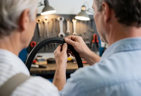 Close-up of mechanic hands applying a patch to a bicycle tire tube in a workshop with tools and work lights visible.