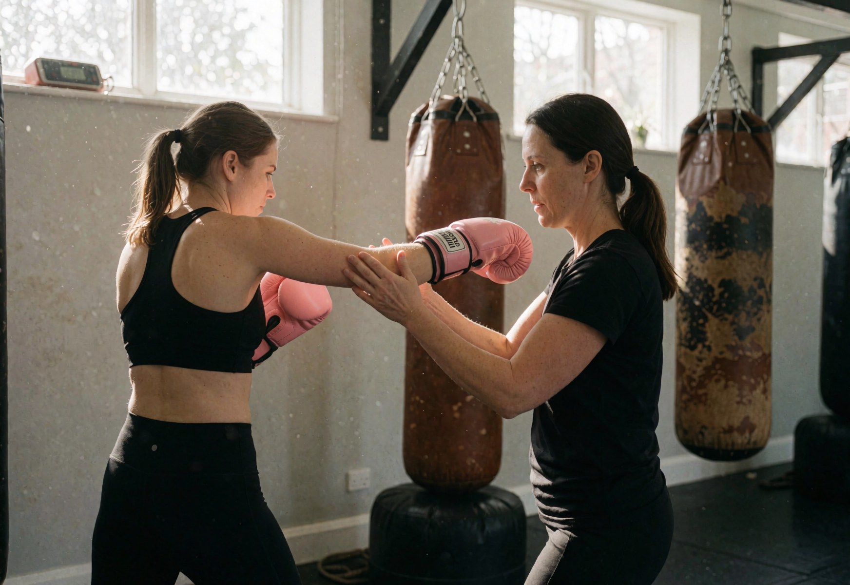 A female boxing instructor corrects a student's stance while she wears pink gloves in a gym with natural light and punching bags.