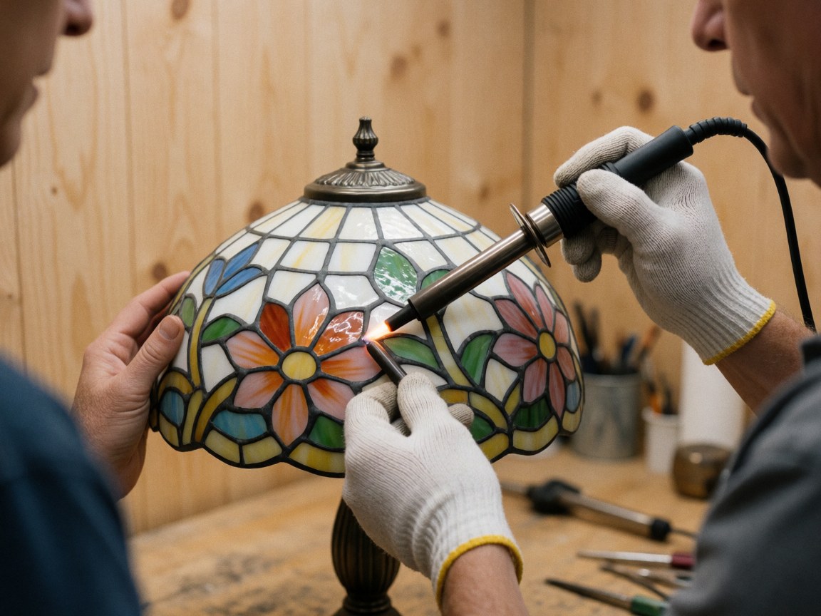 Gloved hands soldering a decorative glass lamp on a workbench with light wood walls
