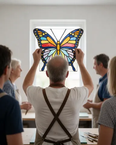Artisan checking alignment of a butterfly-shaped glass piece in a workshop