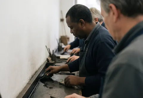 Hands using tools to apply dark patina on decorative glass in a workshop with a white wall background.