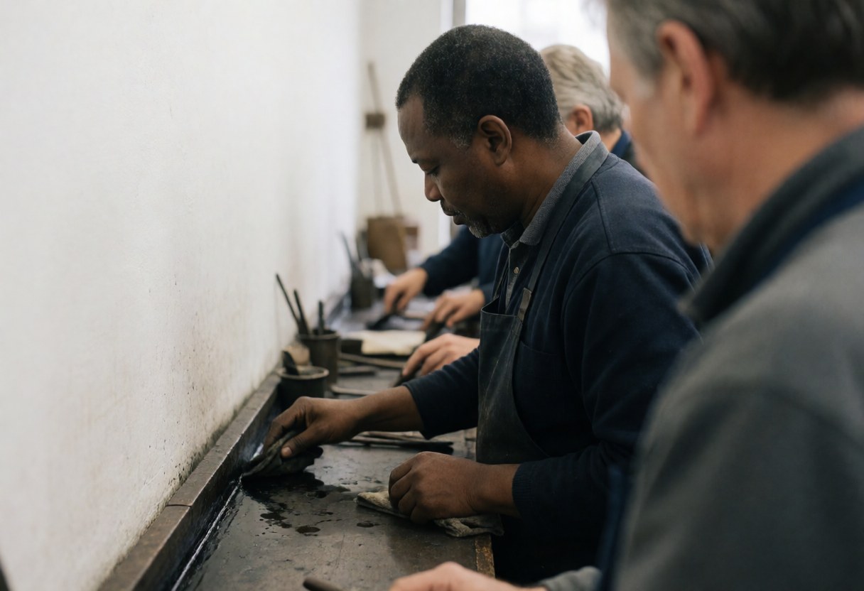 Hands using tools to apply dark patina on decorative glass in a workshop with a white wall background.