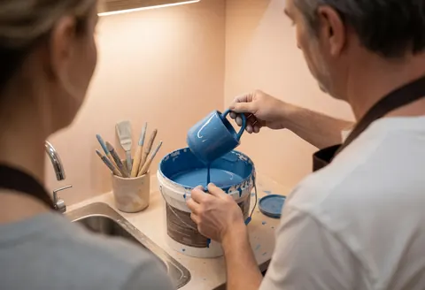Close-up view of a ceramic artist applying blue glaze to a mug in a workshop setting with visible tools and pottery.