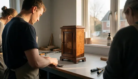 Three people working in a furniture restoration workshop with a restored wooden crate under natural light.