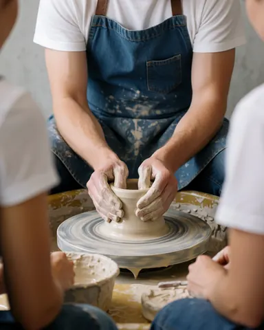 Hands covered in clay shaping wet earth on a spinning pottery wheel in a ceramic workshop
