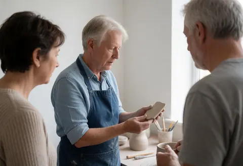 A ceramic artist displays a piece of raw clay to two customers in a bright studio with white walls and pottery tools.