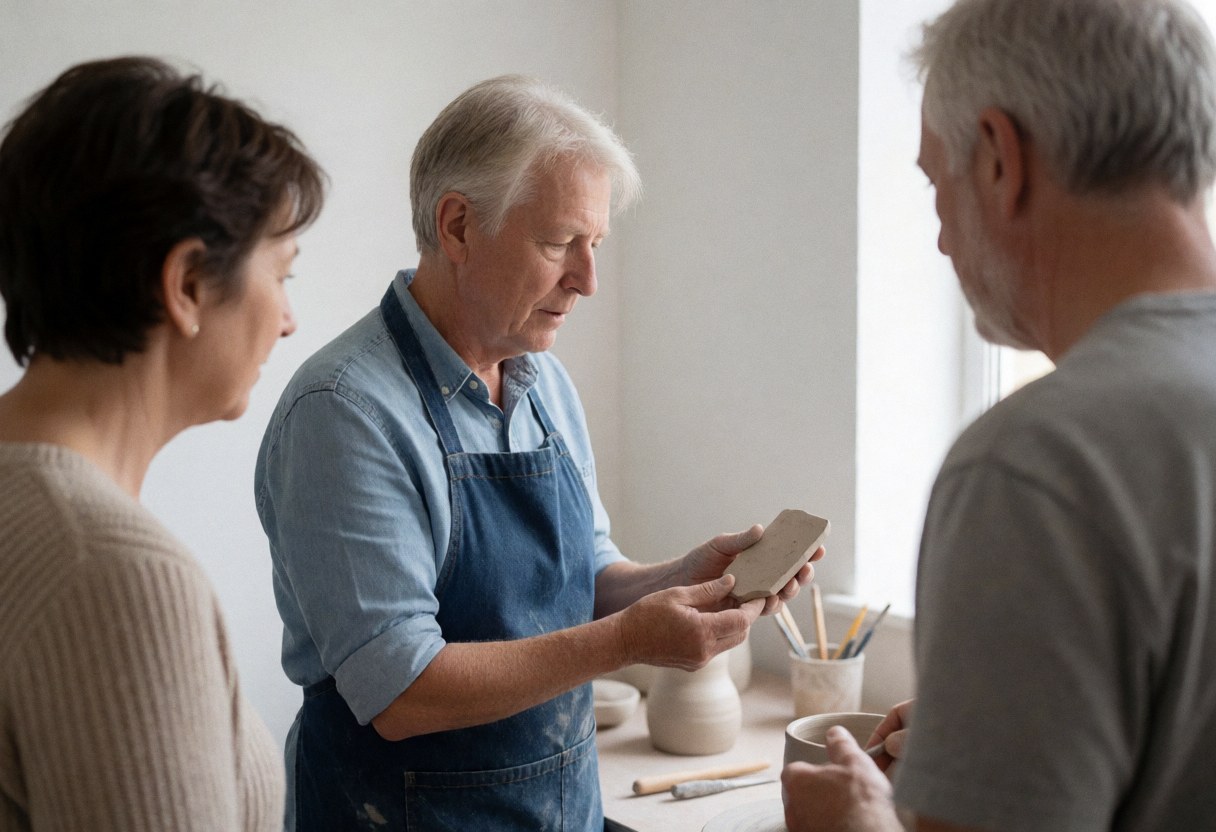 A ceramic artist displays a piece of raw clay to two customers in a bright studio with white walls and pottery tools.