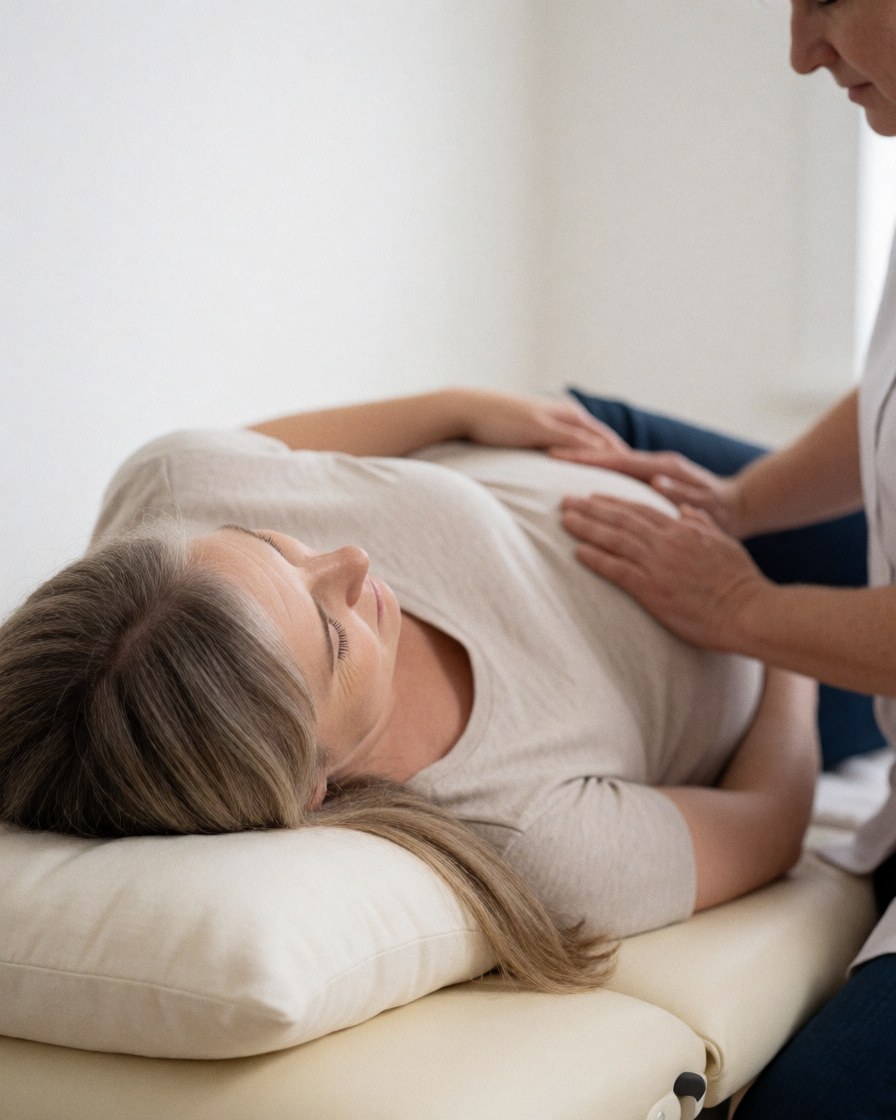 Therapist hands performing reiki healing on a pregnant woman's abdomen during a wellness session.