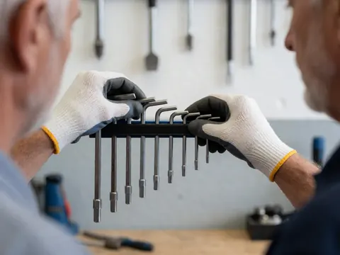 Close-up of gloved hands arranging hex keys on a magnetic tool board in a bicycle repair shop with tools hanging on the wall.