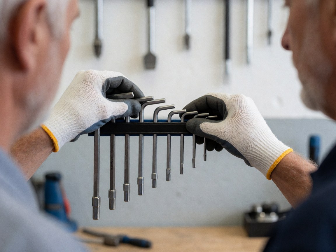 Close-up of gloved hands arranging hex keys on a magnetic tool board in a bicycle repair shop with tools hanging on the wall.