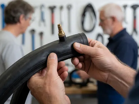 Close-up of hands holding a black bicycle inner tube with an air valve in a workshop setting.