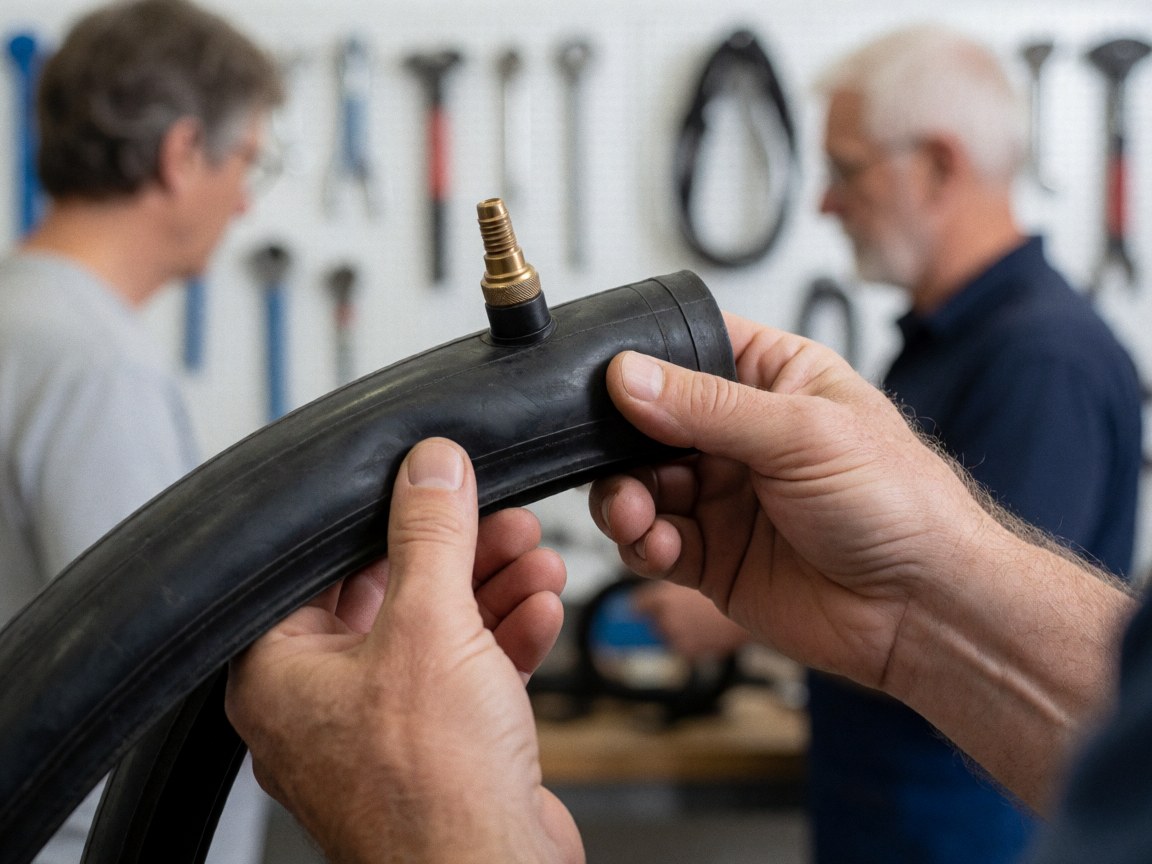 Close-up of hands holding a black bicycle inner tube with an air valve in a workshop setting.