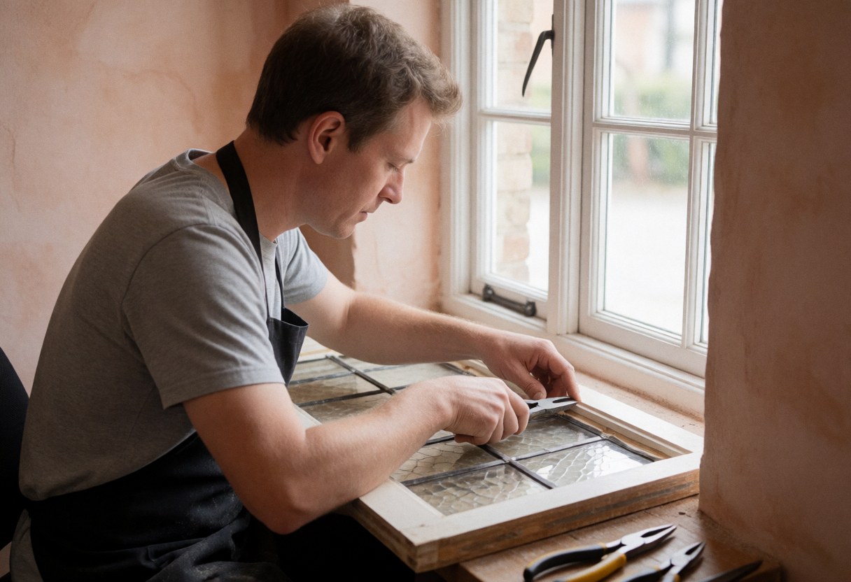A technician using tools to repair a decorative glass window set in a terracotta stucco wall under natural light.