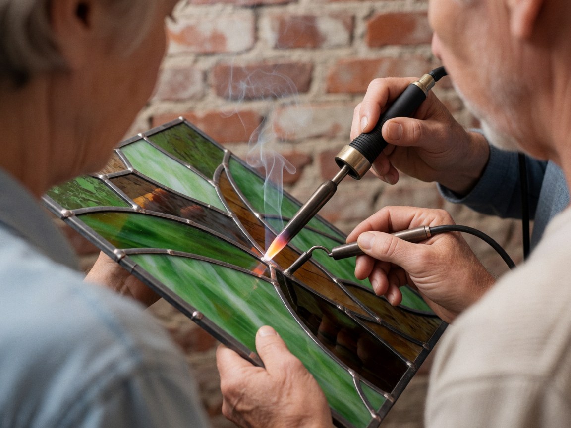 Two craftsmen soldering a stained glass panel with metal cames in a workshop with brick walls and visible smoke.
