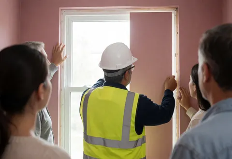 Worker in safety gear installs a glass panel in an office window while colleagues observe nearby.