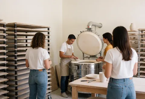 Artist tending a ceramic kiln with drying racks and visitors observing the process in an artisan workshop.