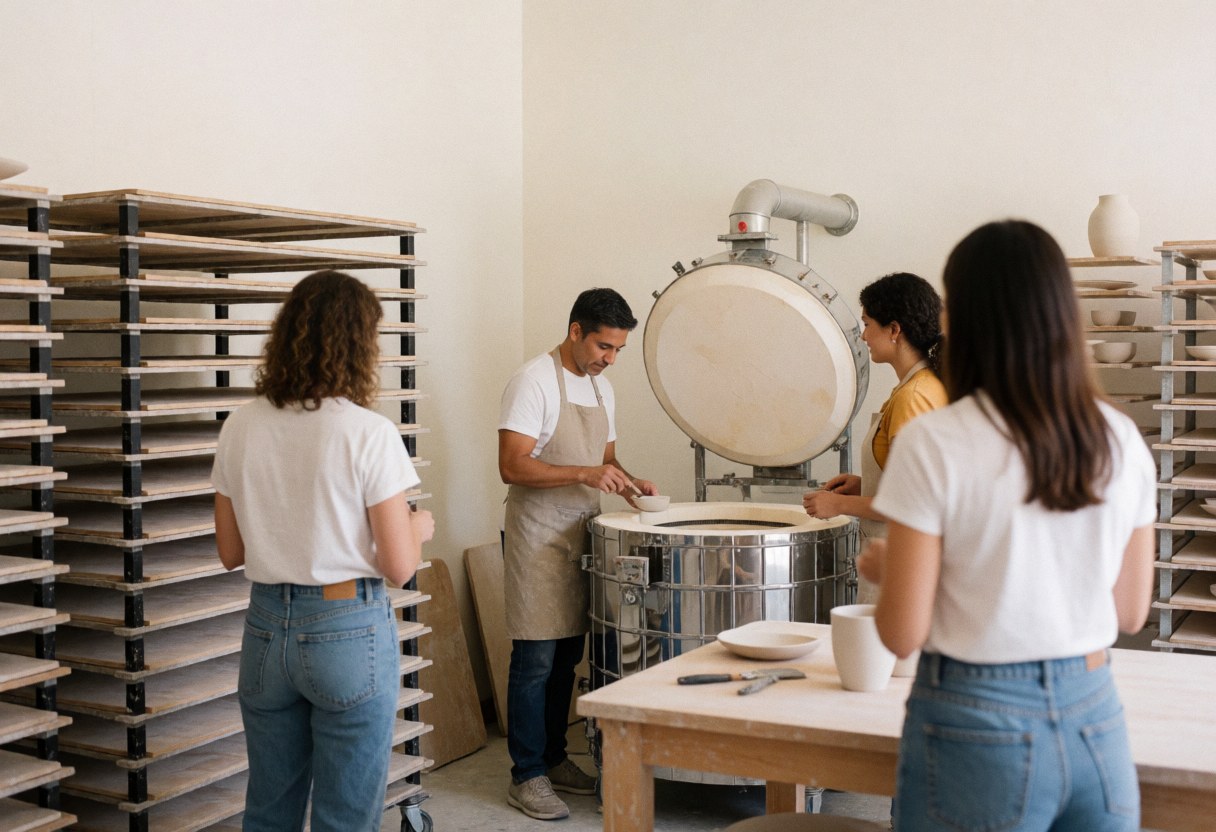 Artist tending a ceramic kiln with drying racks and visitors observing the process in an artisan workshop.