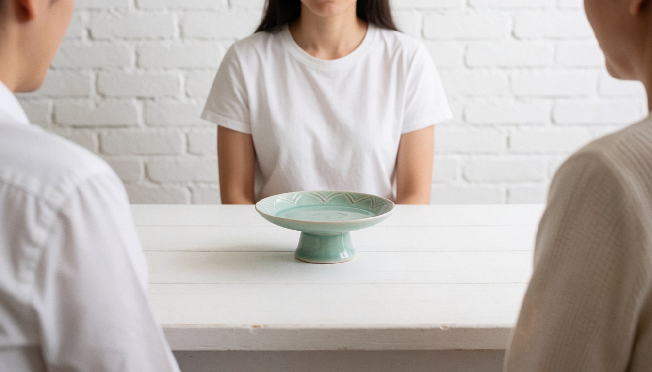 A celadon glazed ceramic plate with a footed base sits on a white table against a white brick wall.