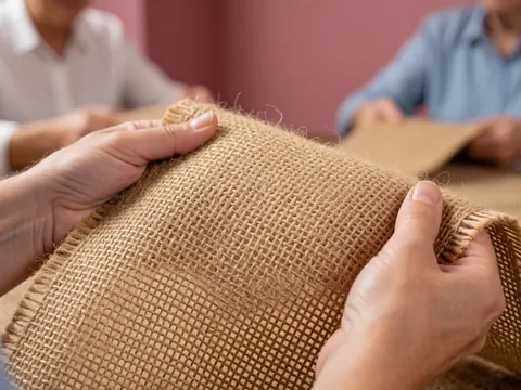 Hands manipulating textured jute burlap fabric against a pink painted wall, highlighting the coarse material and weaving details.