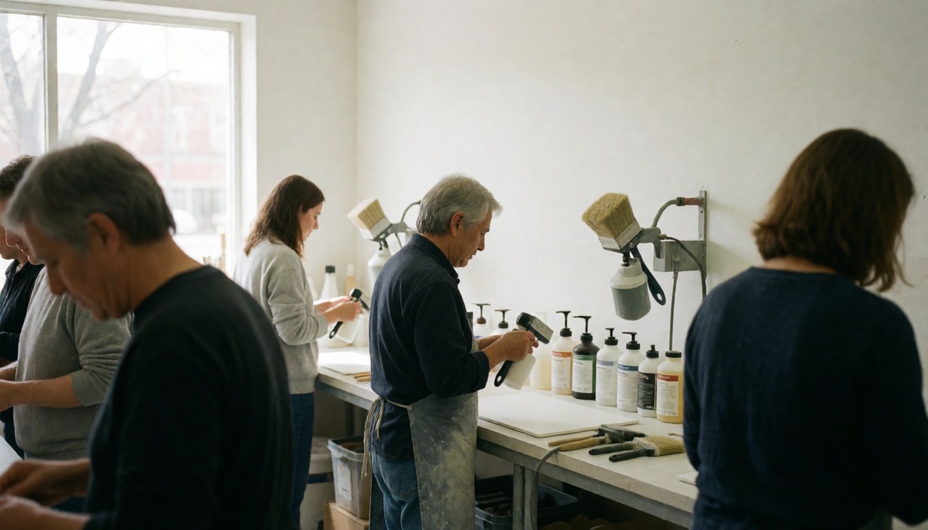 Workers repairing furniture in a well-lit workshop with visible paints and tools near a window.