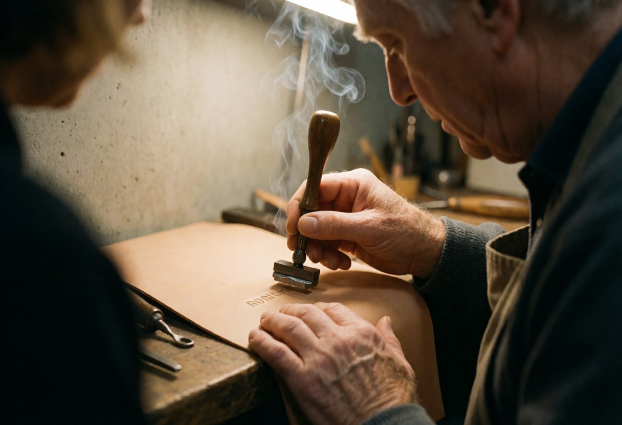 A leather artisan stamps a name onto leather using a tool while visible smoke rises near a concrete wall and other tools.