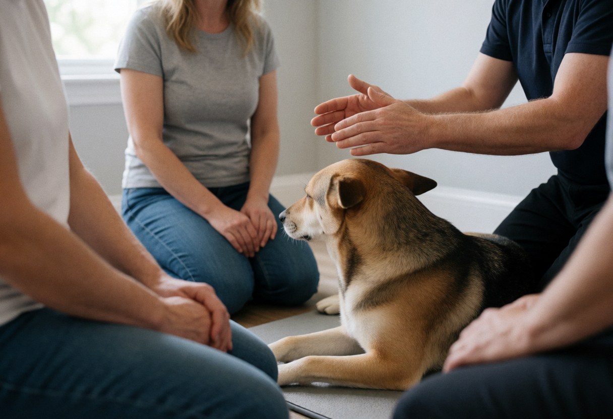 Close-up of a therapist's hand placed gently on a relaxed dog during a reiki healing session in a calm room with natural light.