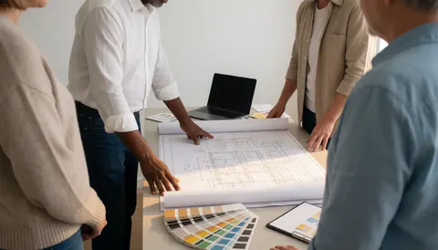 Team reviewing glass design blueprints and color swatches at a work table in a bright office setting.
