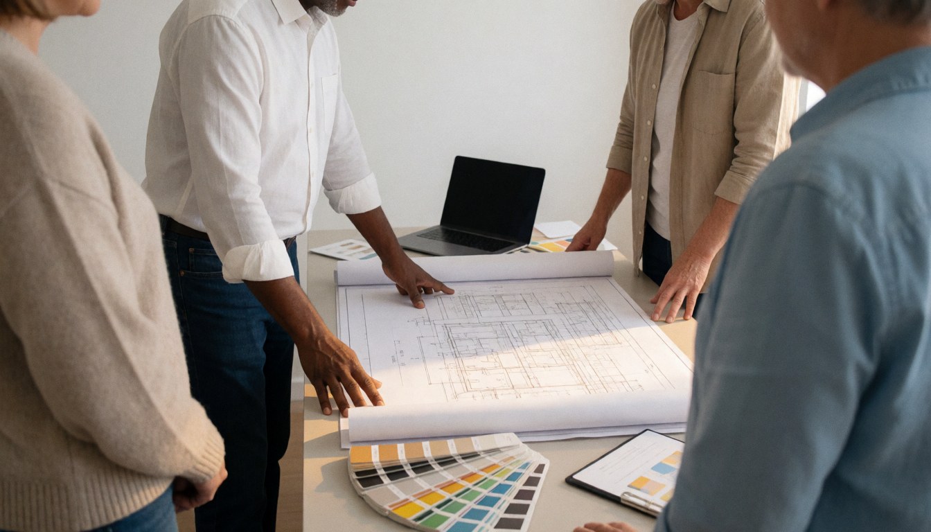 Team reviewing glass design blueprints and color swatches at a work table in a bright office setting.