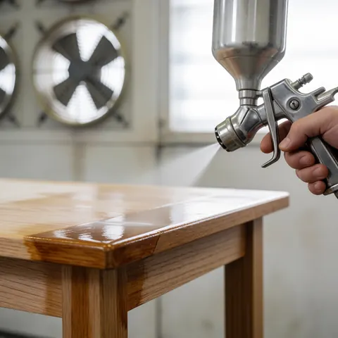 Close-up of a spray gun applying glossy varnish to a wooden table surface in a workshop setting.