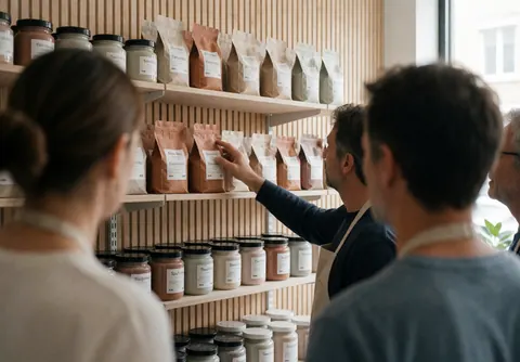 A customer touching a bag of clay in a pottery shop with wooden shelves and enamel containers