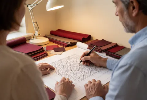 A designer drawing geometric patterns on paper with red fabric samples on a work table.