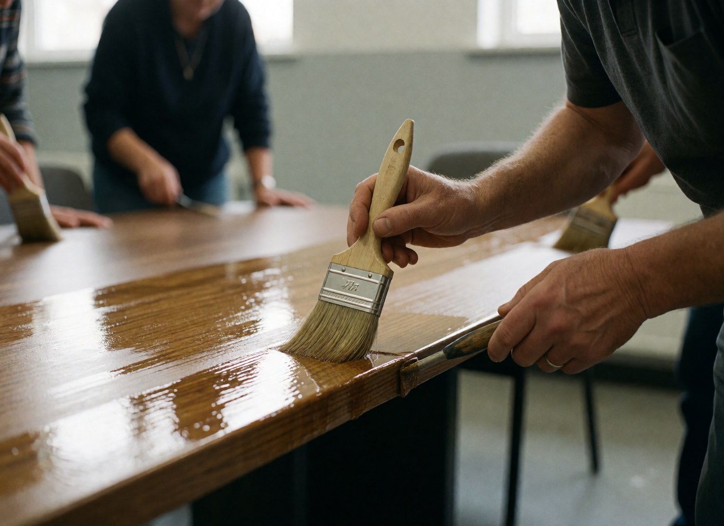 Close-up of a hand using a brush to apply varnish to the edge of a wooden table, highlighting the glossy finish and light reflections on the wet surface.