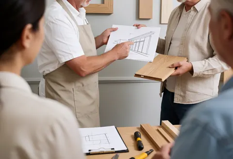 A carpenter explains a furniture drawing to clients in a well-lit office with wood and tools visible.