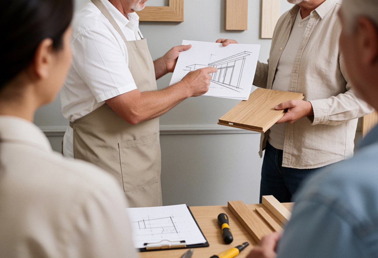 A carpenter explains a furniture drawing to clients in a well-lit office with wood and tools visible.