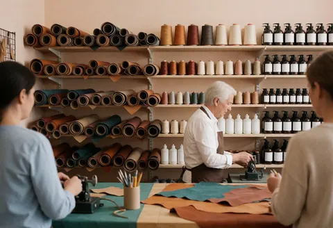 Craftsman using leatherworking tools at a workbench surrounded by organized materials and shelves in a professional studio setting.