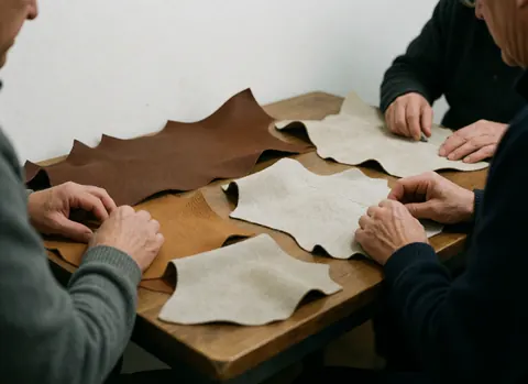 Close-up of hands manipulating raw leather on a wooden table in a workshop