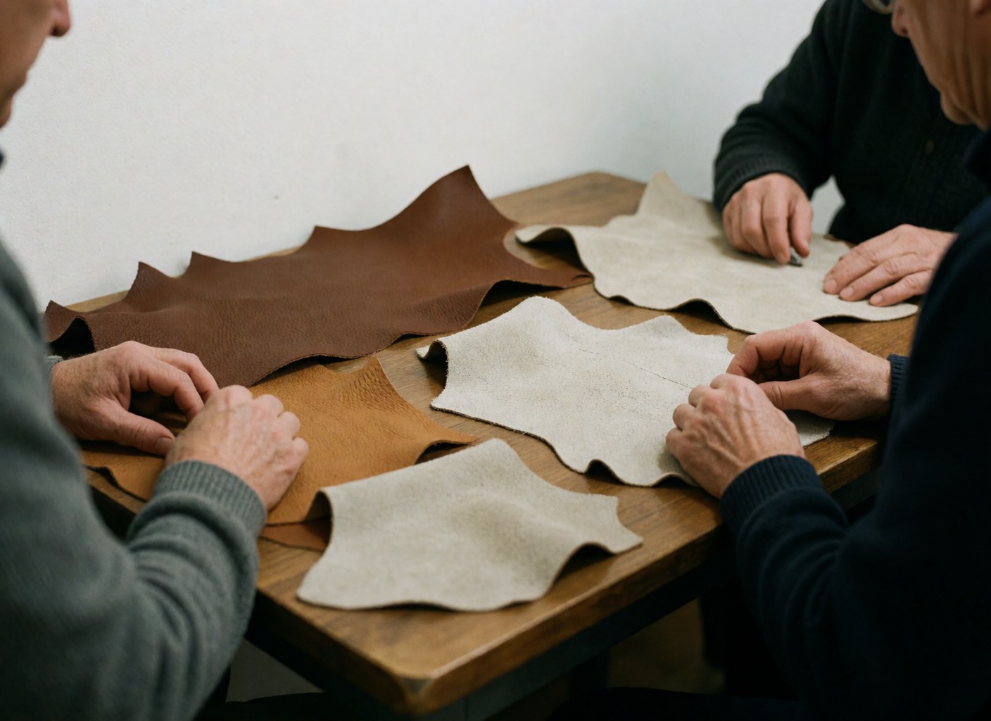 Close-up of hands manipulating raw leather on a wooden table in a workshop