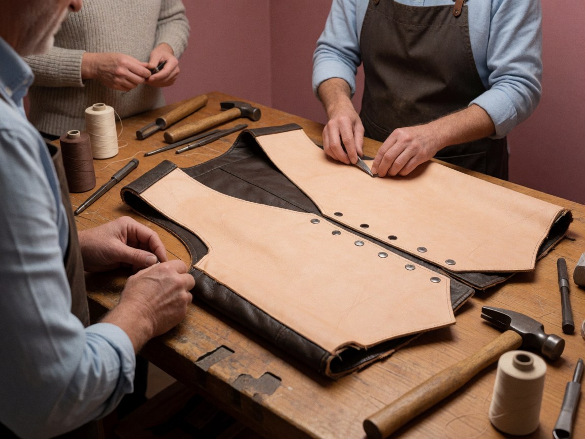 Artisans crafting a leather dress on a wooden table with sewing tools and thread in a workshop with pink walls.
