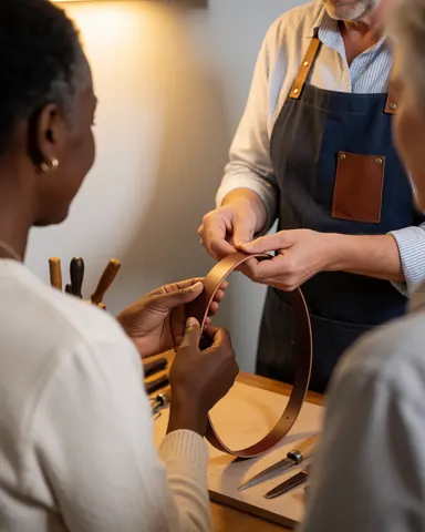 A customer inspects a leather belt in a workshop setting.