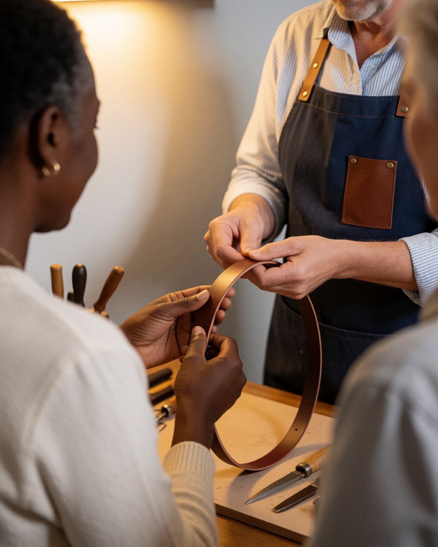 A customer inspects a leather belt in a workshop setting.