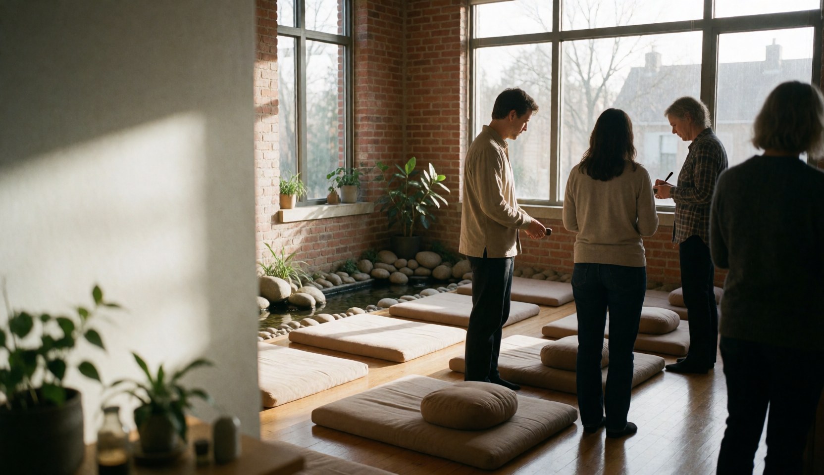 A group of people sitting on meditation mats in a room with exposed brick walls and a water feature corner.