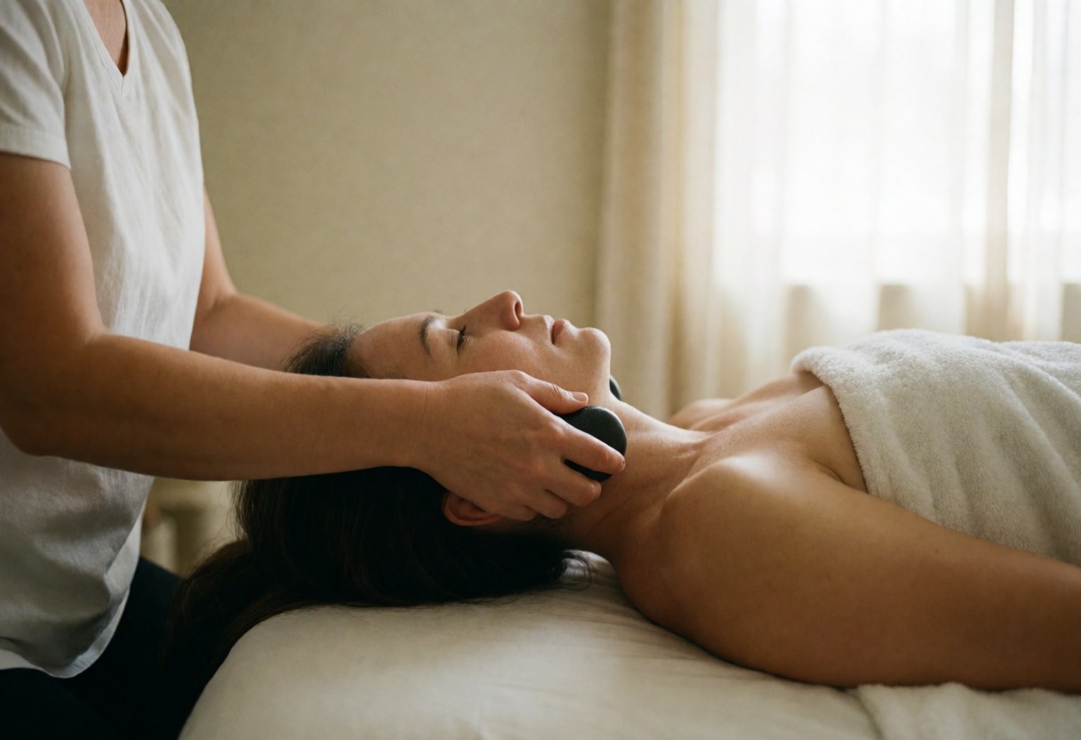 A therapist applies a hot stone massage to a client's neck while lying on a white table in a spa with beige walls and soft lighting.