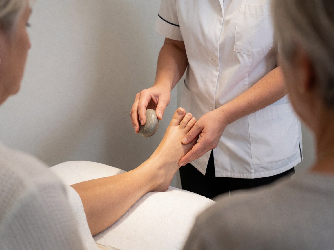 Therapist hands placing a heated stone on a customer's foot during a relaxing hot stone massage session in a spa setting.