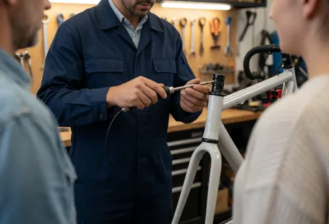 Mechanic working on a white bicycle frame in a shop with tools hanging on the wall.