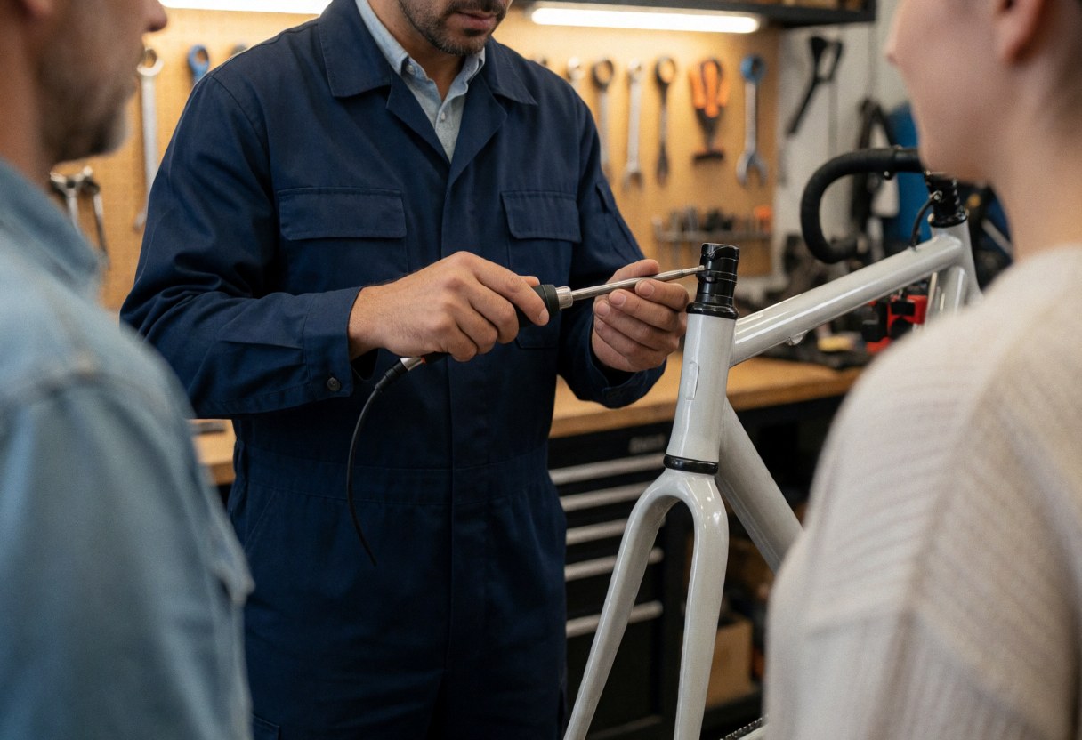 Mechanic working on a white bicycle frame in a shop with tools hanging on the wall.